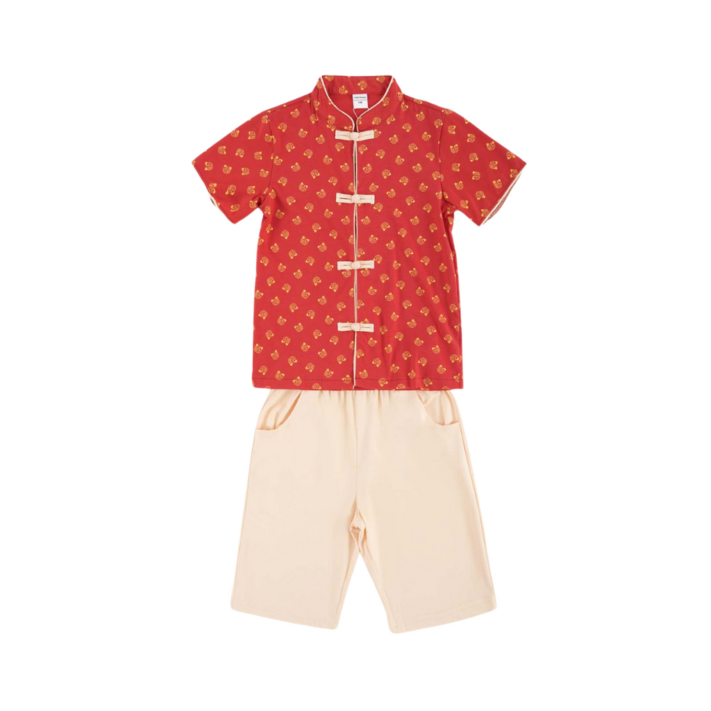 Singapore Souvenir Gift Blessing and Joy Family Set with Lucky Fu Characters Baby Kids Boys Cheongsam Set Top n Shorts CNY Chinese New Year Outfit 0832 - Little Kooma