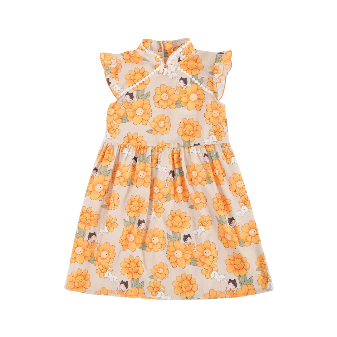 Singapore Souvenir Gift Sunflowers Little Girl n Cat Baby Kids Girl Cheongsam Dress 0846 - Little Kooma