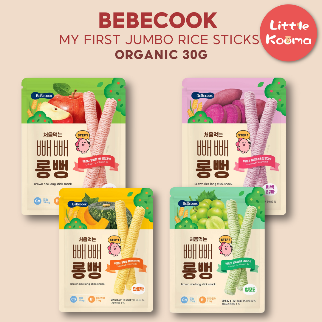 Baby Jumbo Rice Sticks 30g Snacks Pack For 6 months Baby With Pumpkin Apple Grape and Sweet Potat - My First Jumbo Rice Sticks By BebeCook - Little Kooma