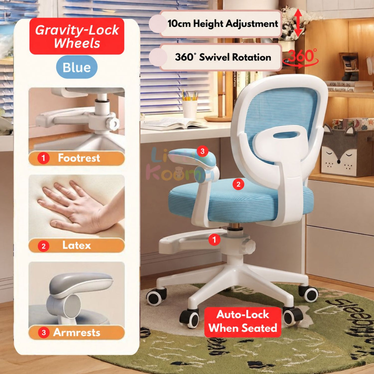 Ready Stock Kids Ergonomic Study Chair Height Adjustable 360° Swivel With Without Wheels Footrest - Little Kooma