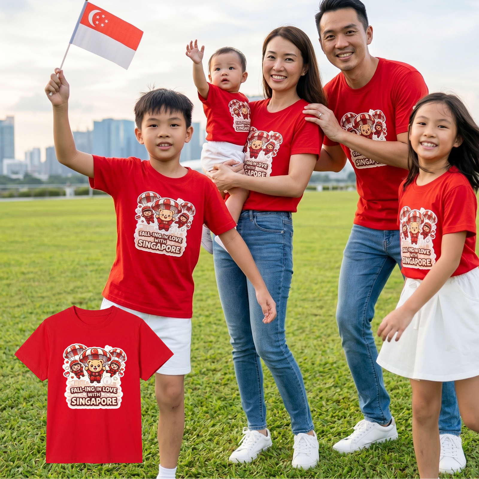 Singapore National Day Kids Red T-Shirt Family Matching Outfit - FALL-ING IN LOVE with Singapore - Little Kooma