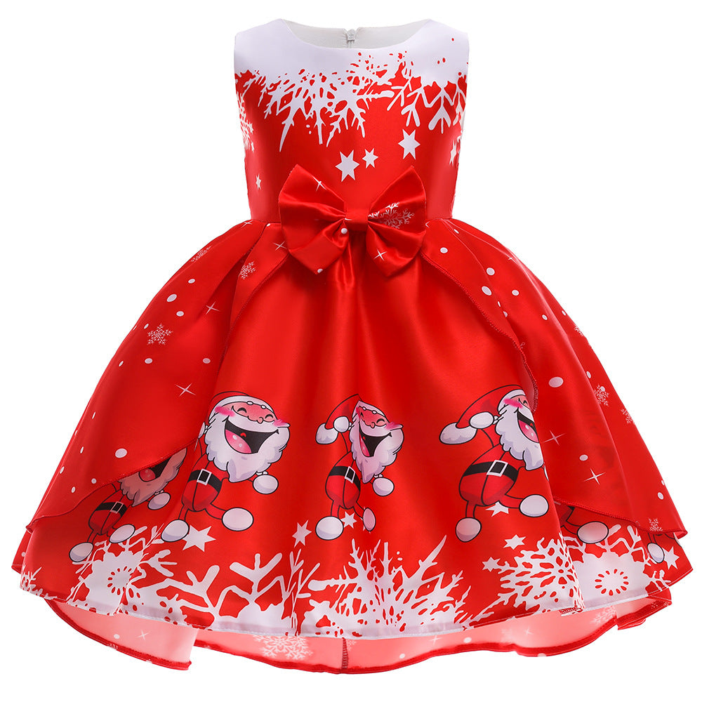 Kids Girls Sleeveless Santa Snow Flakes Dress Big Bowtie Christmas Outfit w Zip - Little Kooma