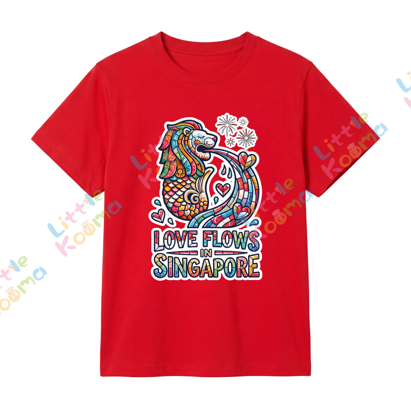 Singapore National Day Kids Red T-Shirt Family Matching Outfit - LOVE FLOWS in Singapore - Little Kooma