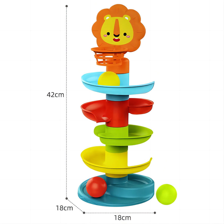 Spiral Race Marble Run STEM Toy – Lion Rebound Design, Removable Side Rails, 3 Color Balls, and Ball-Shooting Basket for Kids 18+ Months