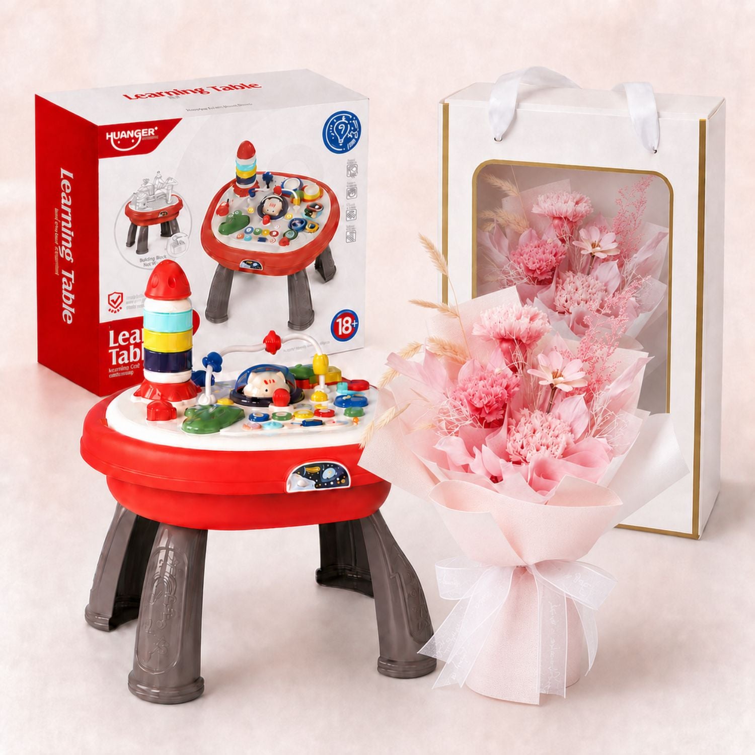 Baby Newborn Unisex Gift 4-In-1 Multi-Functional Baby Activity Center & Preserved Flowers Hand Bouquet For Mum