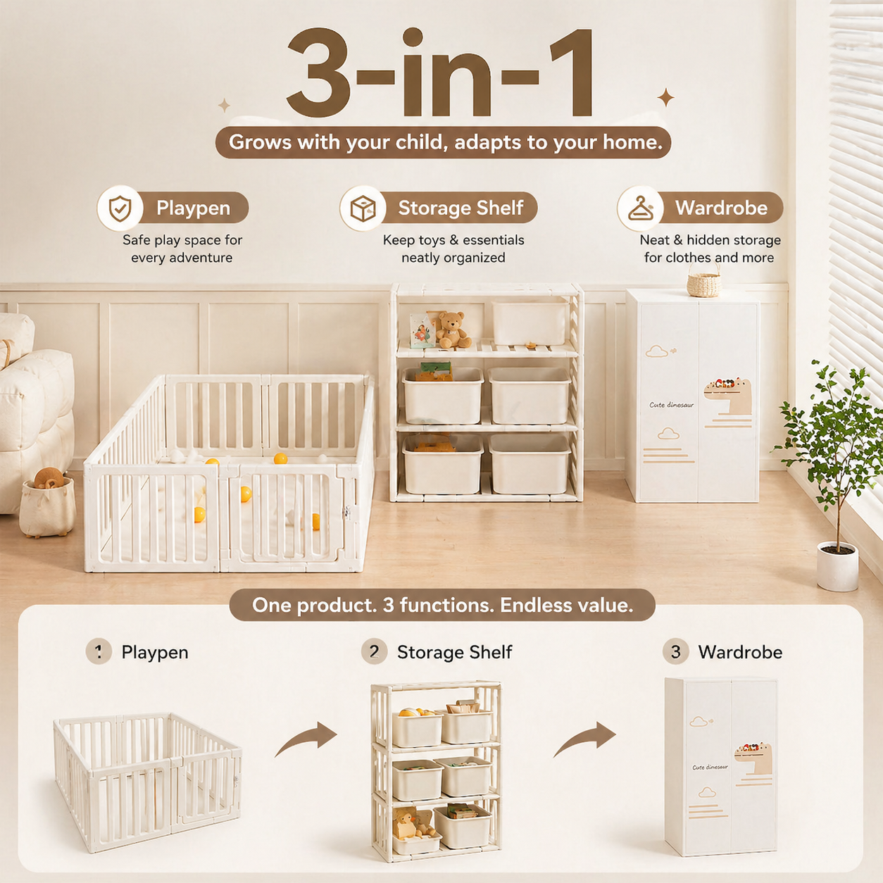 3-in-1 Kids Playpen | Converts to Storage Shelf & Wardrobe | HDPE Safety Fence with Door Lock | Baby Play Yard - Little Kooma