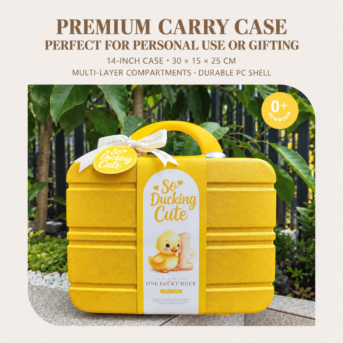 One Lucky Duck Baby Unisex Gift Set – 3 Summer Rompers, Hat, 30cm Plush Toy, Socks & Yellow Carry Case