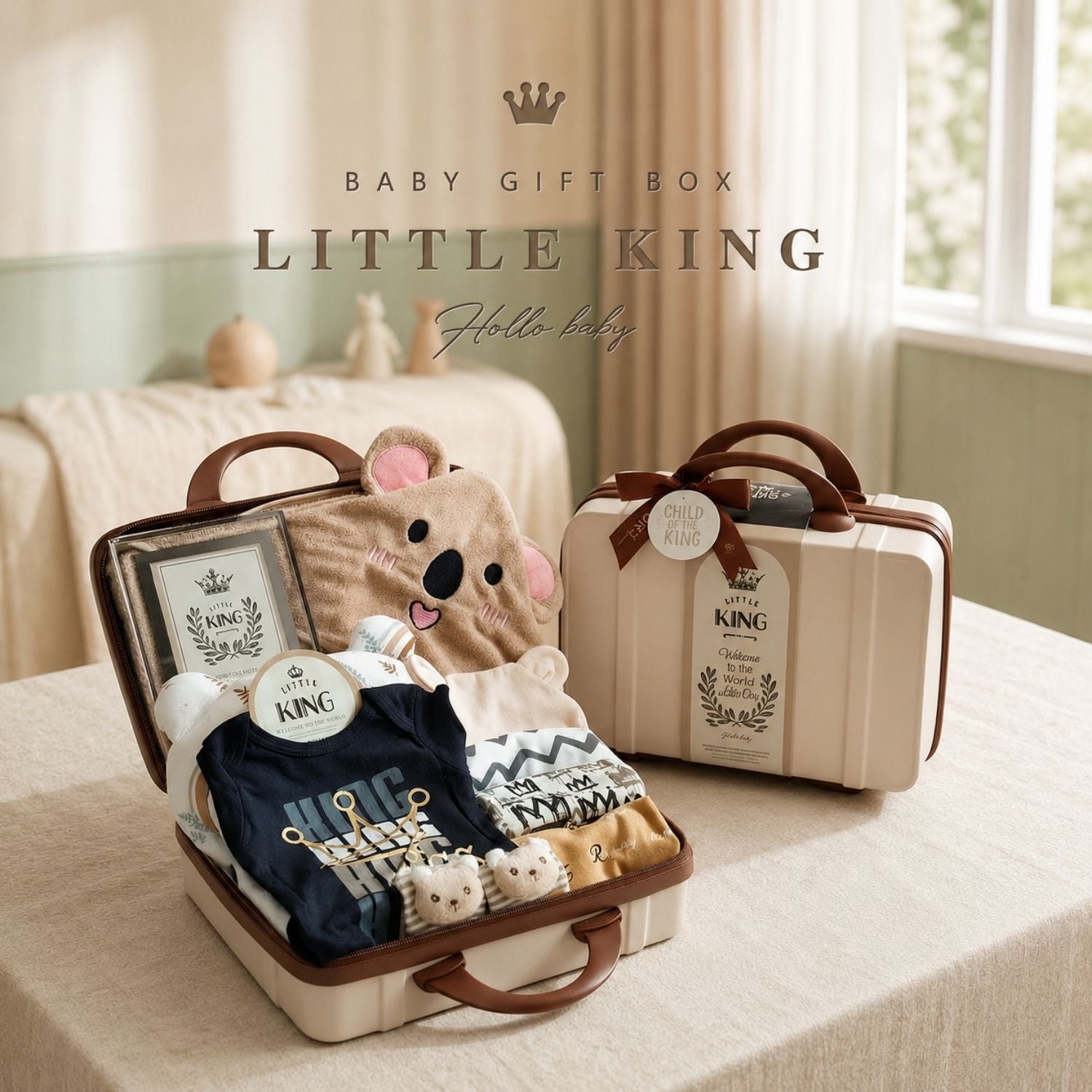 Little King Newborn Baby Boy Gift Hamper – Cotton Rompers, Hooded Towel & Personalised Message Card