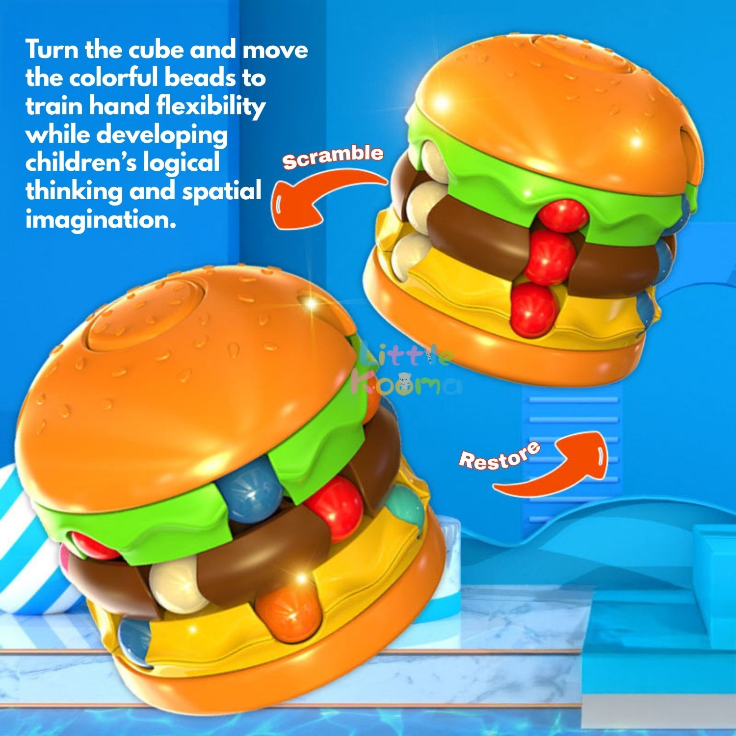 Ready Stock Creative Burger Fries Magic Bean Cube 360° Rotating Fidget Toy for Kid 3 Years + - Little Kooma