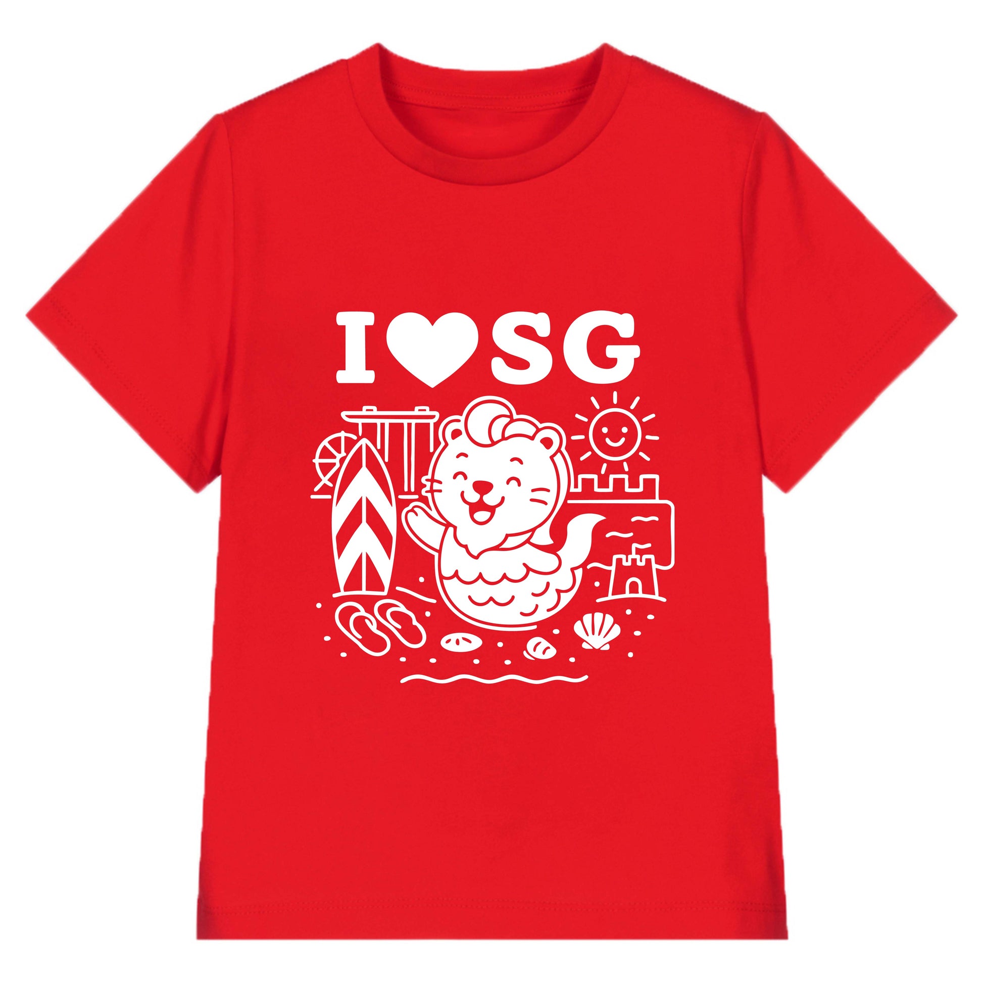 National Day NDP Red Top - Baby Kids Red T-shirt Cute Merlion Beach View National Day Top Outfit