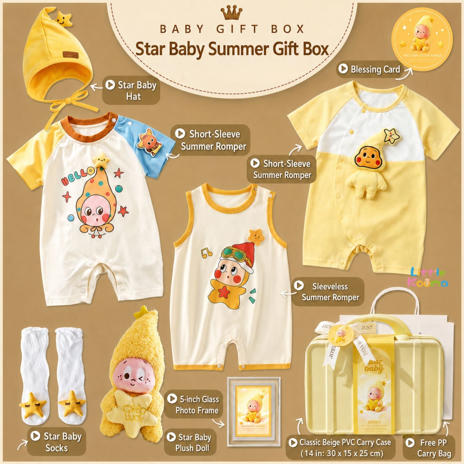 Star Baby Newborn Unisex Gift Box with Baby Rompers, Plush Doll, Socks, Photo Frame & Blessing Card