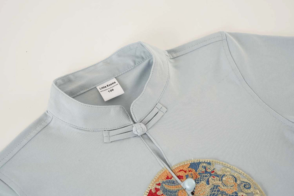 Singapore Souvenir Gift Vitality n Wisdom Blue Family Set Baby Kids Boys Cheongsam Set Top n Shorts CNY Chinese New Year Outfit 0844 - Little Kooma