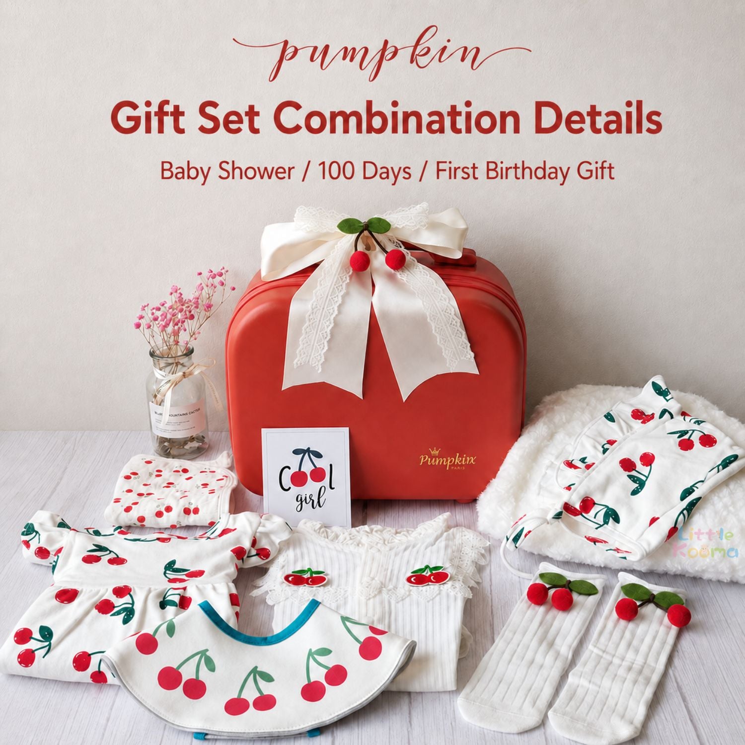 Little Cherry Baby Girl Gift Set with Romper, Bib, Headband, Socks & PC Keepsake Suitcase