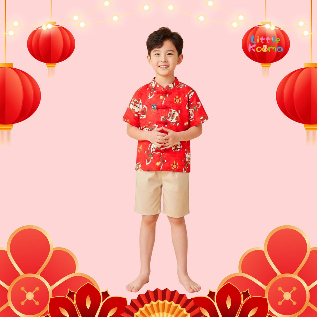 Ready Stock CNY Red Lion Dance Cheongsam Top & Shorts Set Baby Kids Boys Chinese New Year