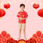 Ready Stock CNY Red Lion Dance Cheongsam Top & Shorts Set Baby Kids Boys Chinese New Year