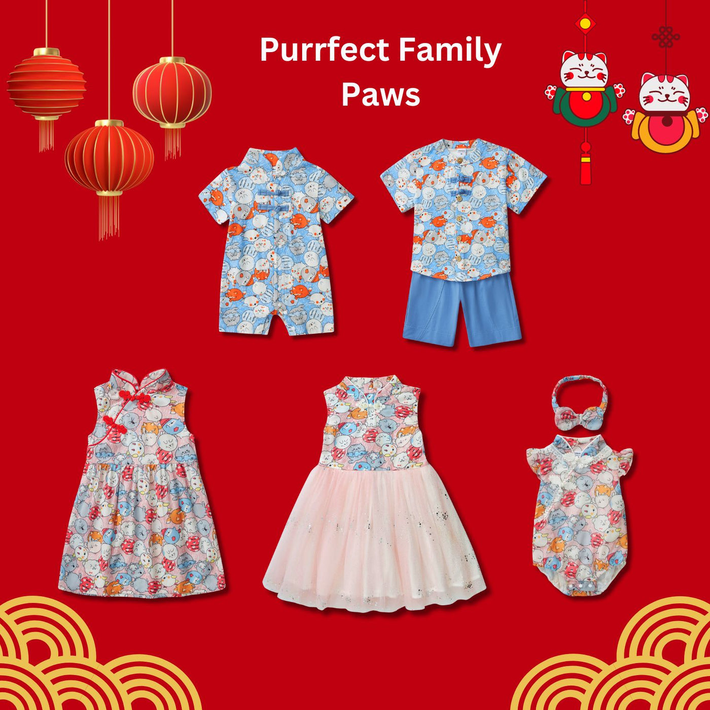 Purrfect Family Paws Baby Girl Pink Cats Cheongsam Bodysuit n Headwrap Set Family Wear 0821 - Little Kooma