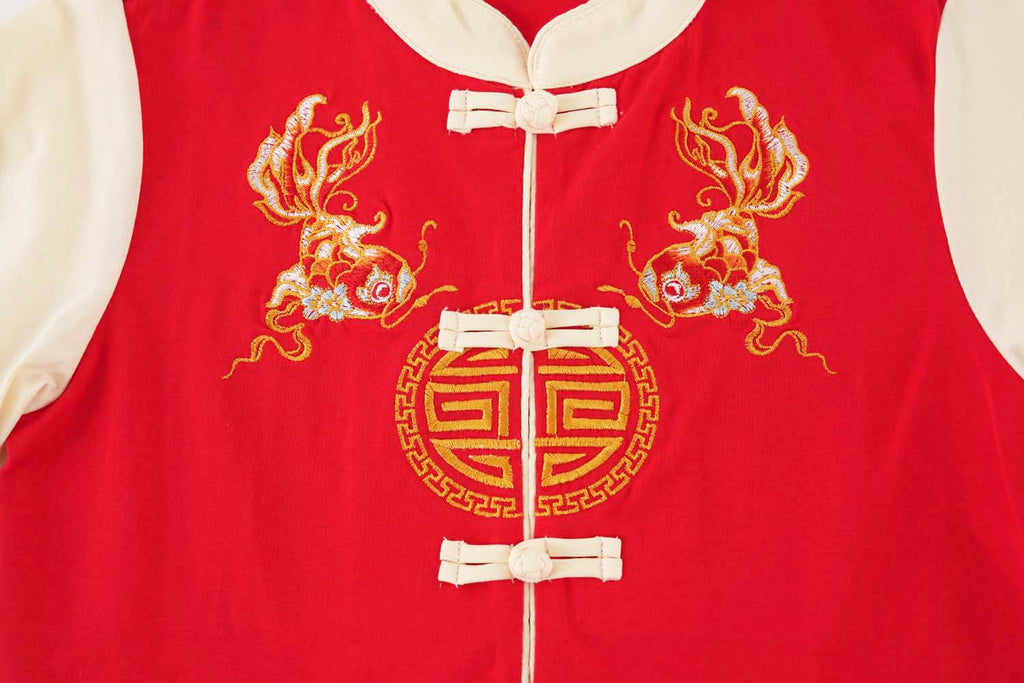 Singapore Souvenir Gift Wealth and Harmony Red Family Set with Golden Fish Embroidery Baby Kids Boys Cheongsam Set Top n Shorts CNY Chinese New Year Outfit 0835 - Little Kooma