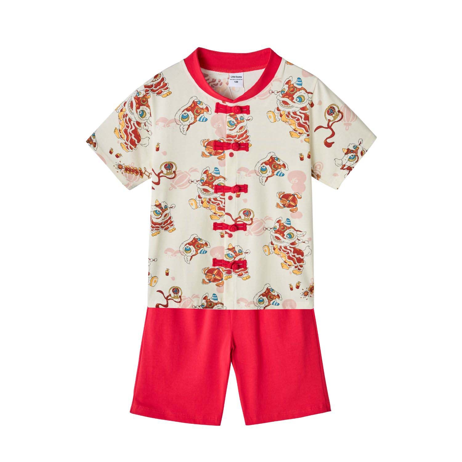 Ready Stock Singapore CNY White Lion Dance Cheongsam Outfit Set for Baby Kids Boys Top & Shorts