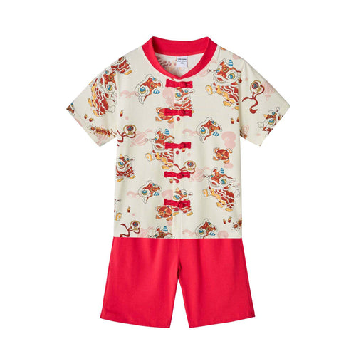 Ready Stock Singapore CNY White Lion Dance Cheongsam Outfit Set for Baby Kids Boys Top & Shorts - Little Kooma