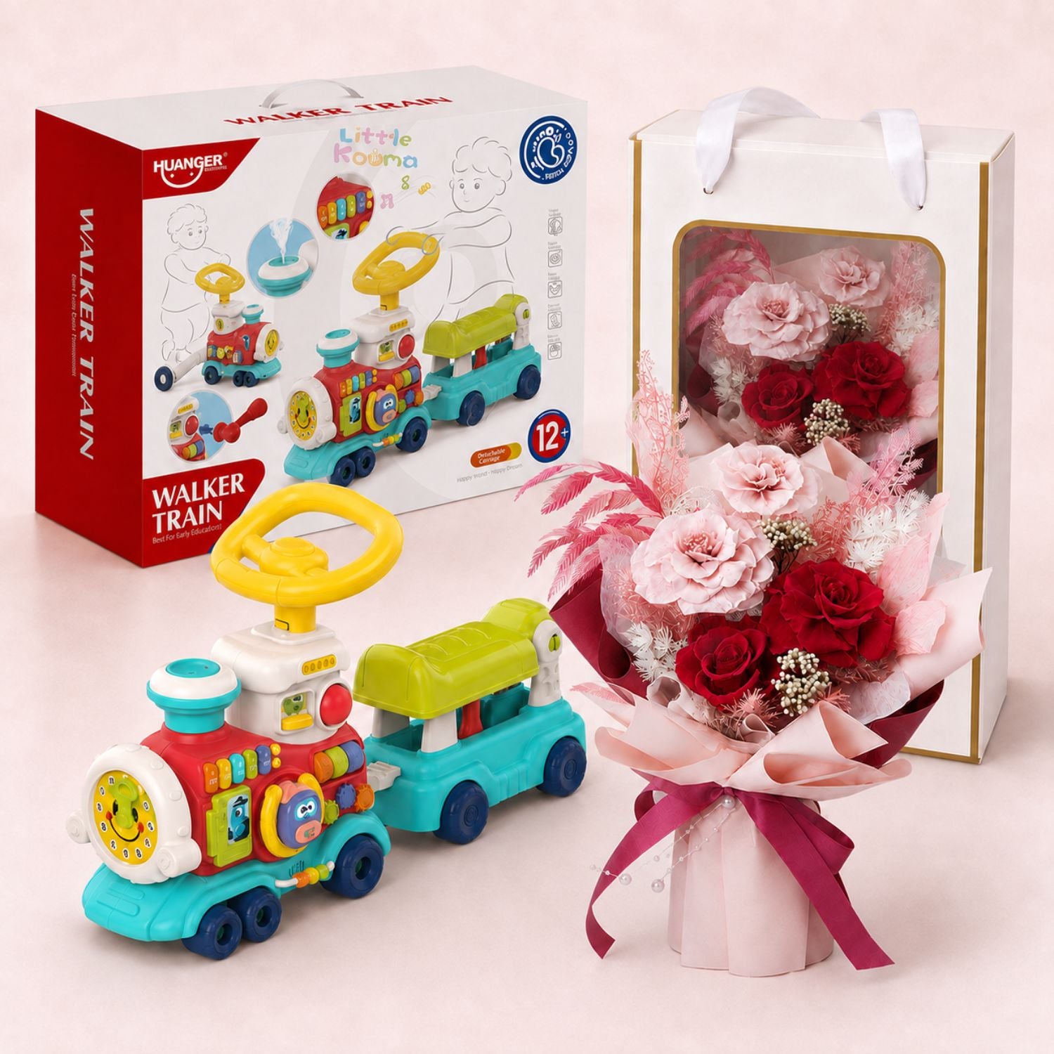 Baby Newborn Unisex Gift 5-in-1 Baby Walker Ride-On Train Toy & Preserved Flowers Hand Bouquet For Mum