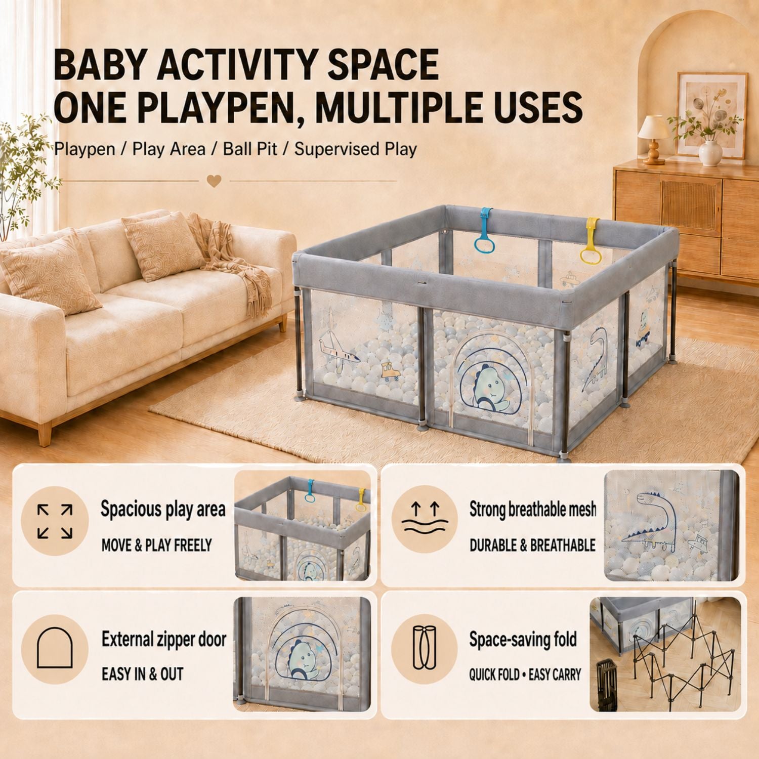 [SG Ready Stock] Foldable Baby Playpen No Assembly Portable Kids Play Yard Ball Pit Safety Fence