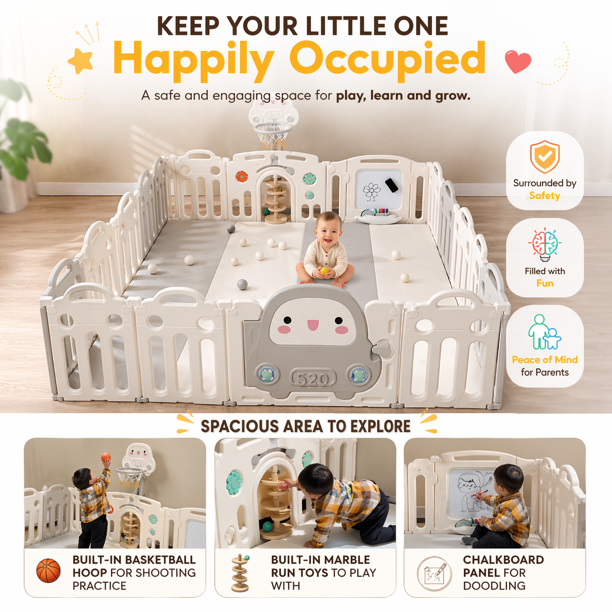Baby Foldable Playpen Play Yard Basketball Hoop & Drawing Board – Eco HDPE, Non-Slip, Adjustable - Little Kooma