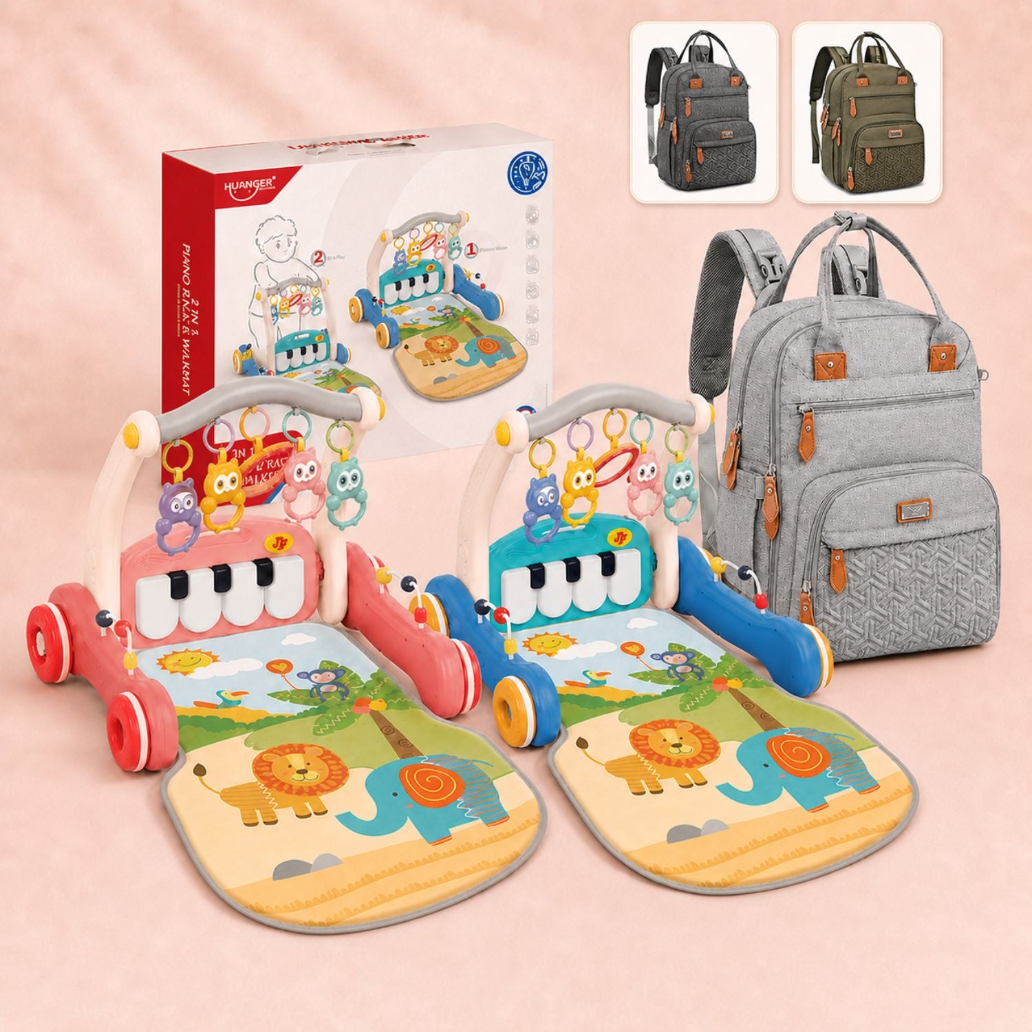 3-in-1 Baby Play Mat, Gym, Walker & Unisex Baby Diaper Bag Backpack for Mom & Dad