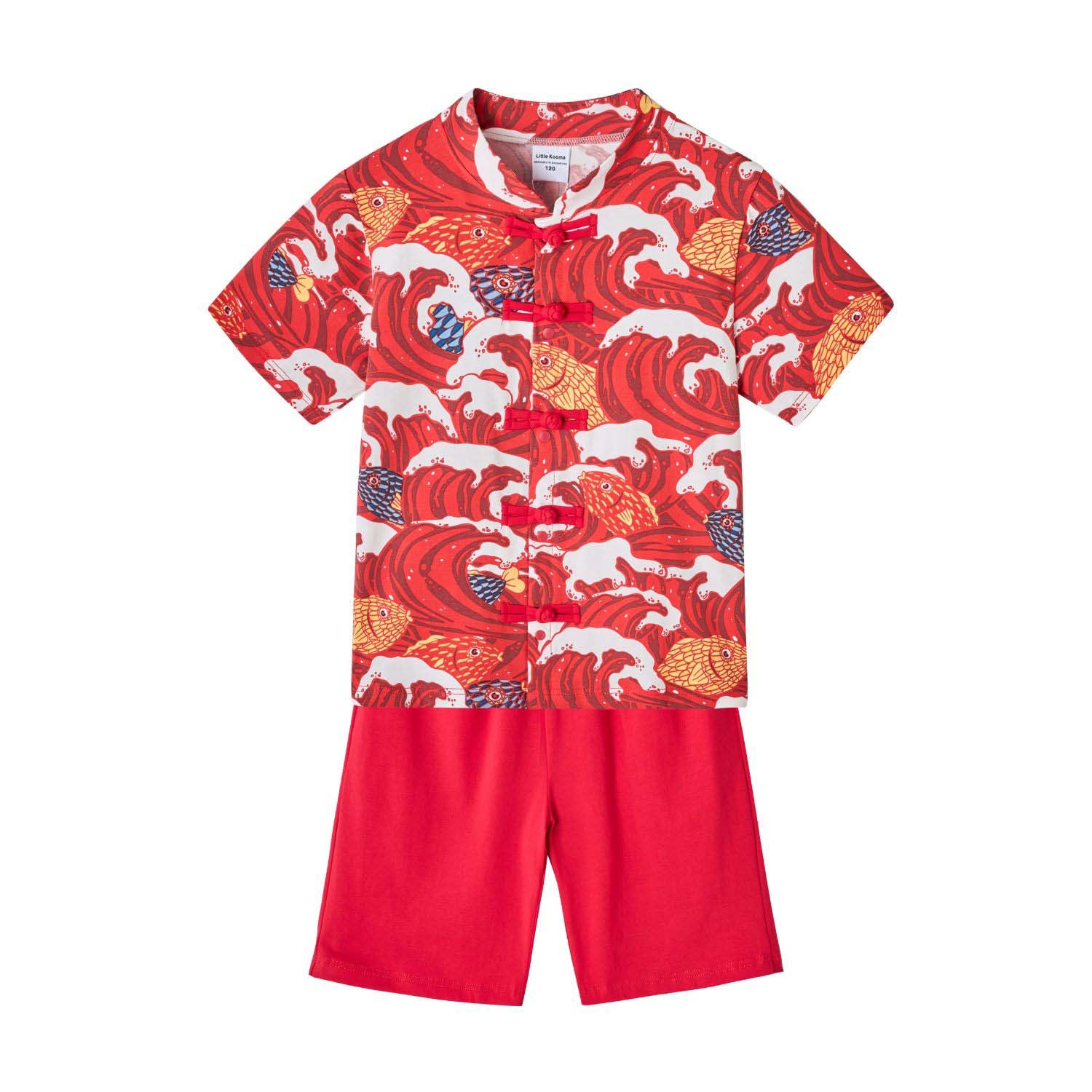 Ready Stock CNY Carp Dragon Leap Boys Cheongsam Top & Shorts Baby Kids Chinese New Year Outfit