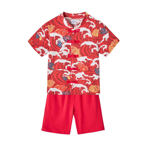 Ready Stock CNY Carp Dragon Leap Boys Cheongsam Top & Shorts Baby Kids Chinese New Year Outfit - Little Kooma