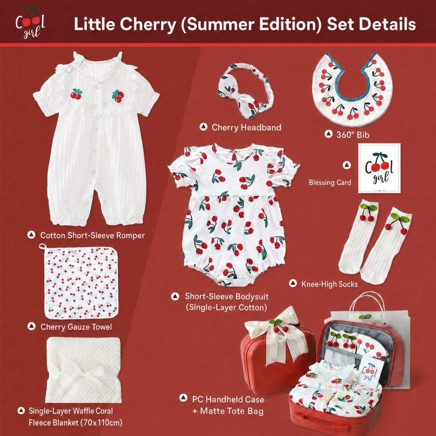 Little Cherry Baby Girl Gift Set with Romper, Bib, Headband, Socks & PC Keepsake Suitcase