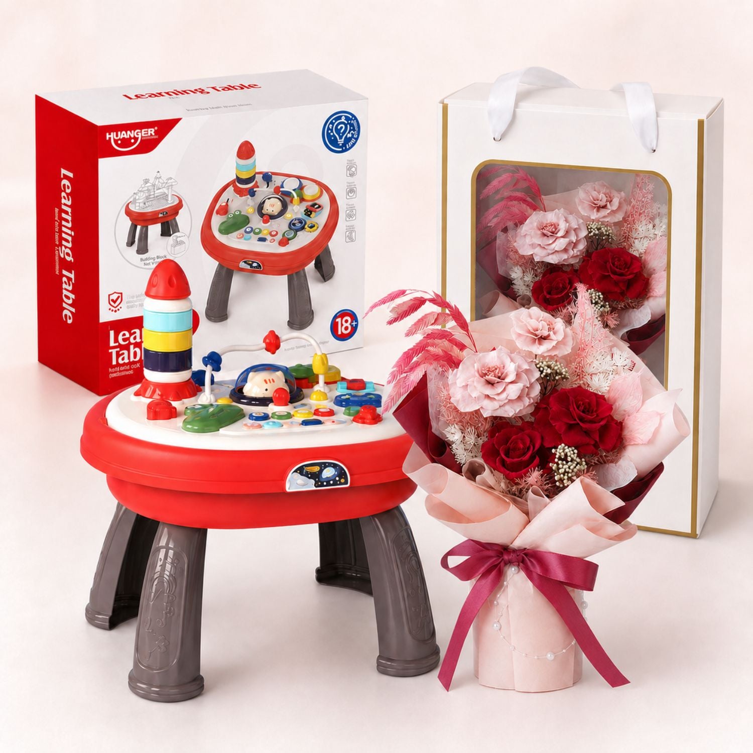 Baby Newborn Unisex Gift 4-In-1 Multi-Functional Baby Activity Center & Preserved Flowers Hand Bouquet For Mum