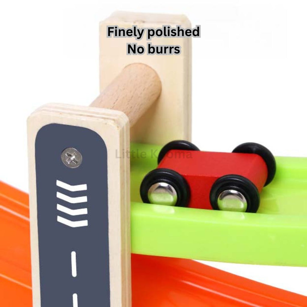 Wooden Gliding Car Ramp Toy – Zig Zag Race Track with Mini Cars, Toddler Racing Toy for Kids Boys & Girls Ages 3-6 - Little Kooma