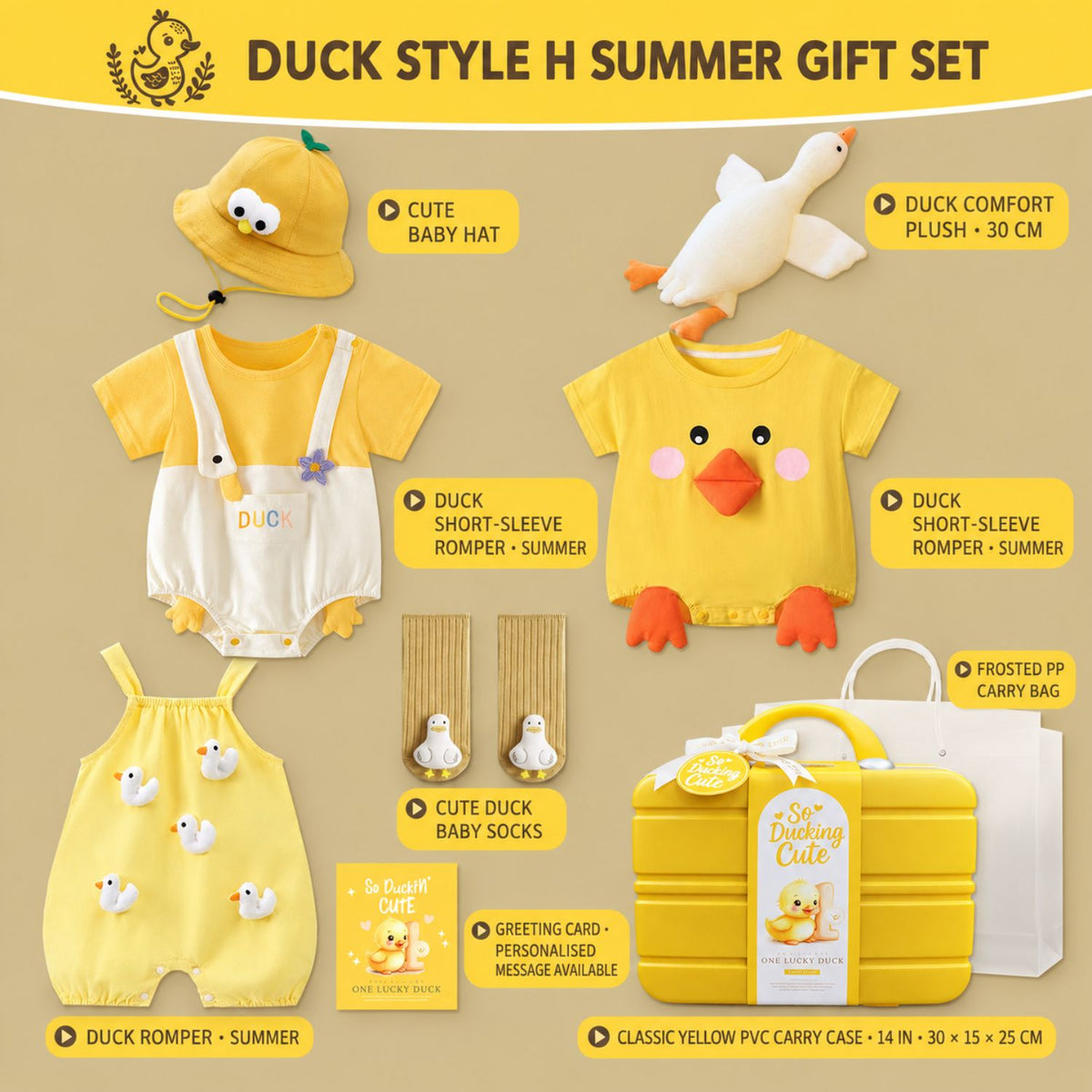 One Lucky Duck Baby Unisex Gift Set – 3 Summer Rompers, Hat, 30cm Plush Toy, Socks & Yellow Carry Case