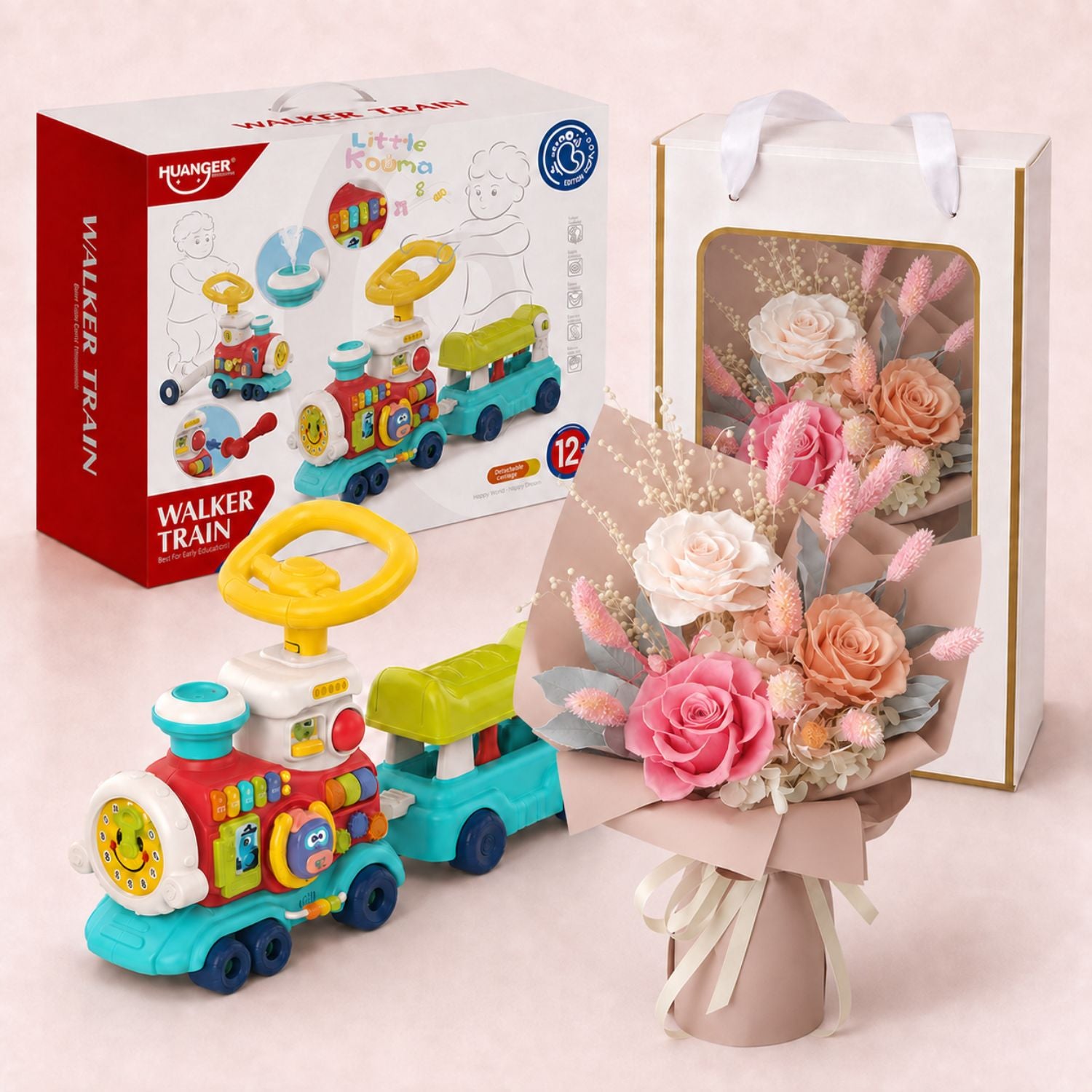 Baby Newborn Unisex Gift 5-in-1 Baby Walker Ride-On Train Toy & Preserved Flowers Hand Bouquet For Mum
