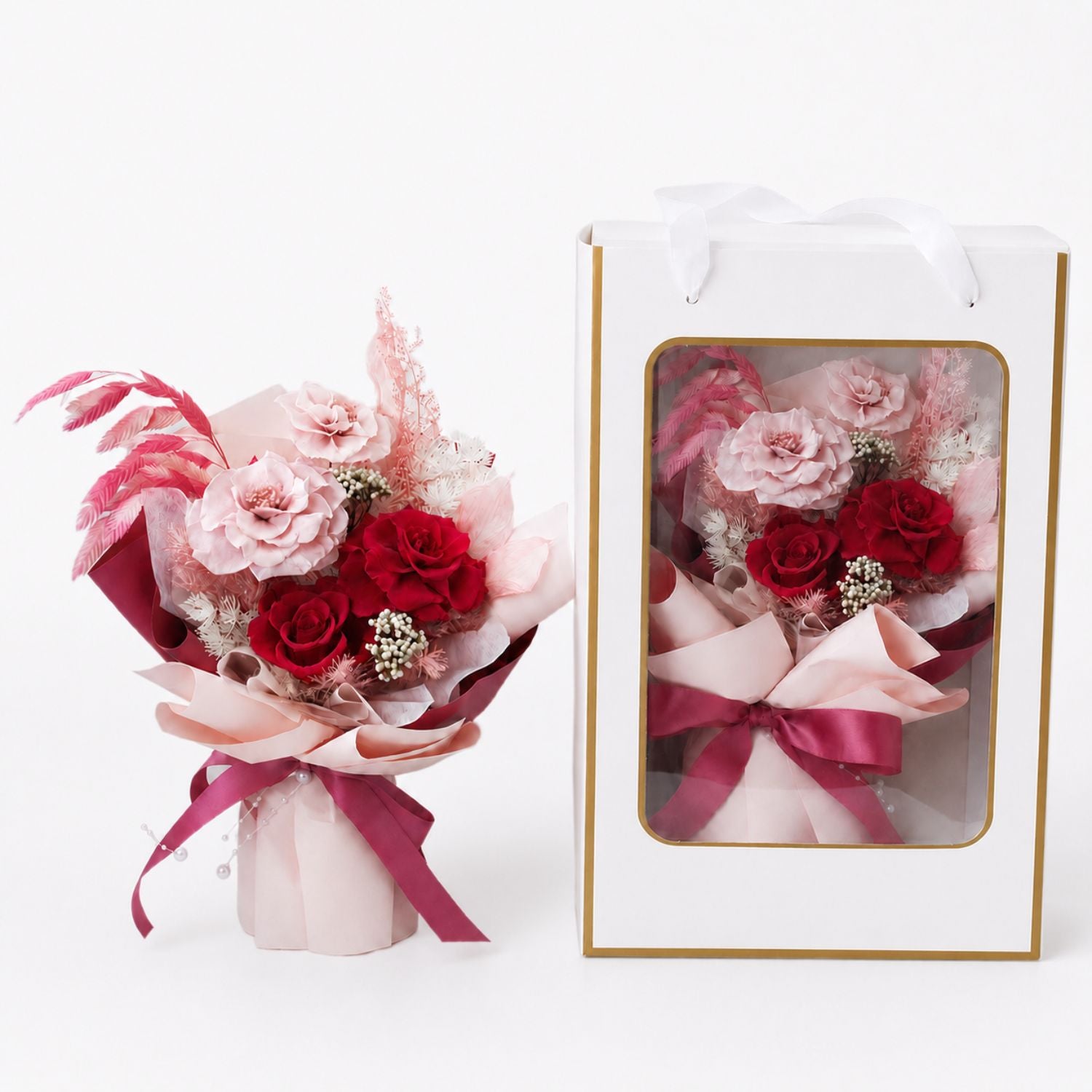 Baby Newborn Unisex Gift 5-in-1 Baby Walker Ride-On Train Toy & Preserved Flowers Hand Bouquet For Mum