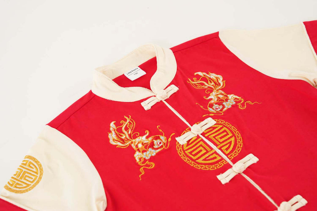 Singapore Souvenir Gift Wealth and Harmony Red Family Set with Golden Fish Embroidery Baby Kids Boys Cheongsam Set Top n Shorts CNY Chinese New Year Outfit 0835 - Little Kooma