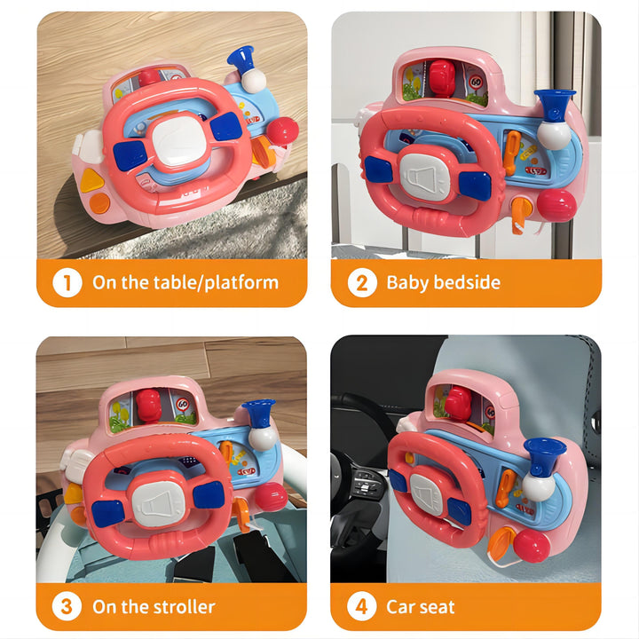 Portable Baby Steering Wheel Toy with Velcro Straps – Pretend Play with Lights, Sounds, and Flip Activities for Tables, Strollers, and Car Seats 18 Months +