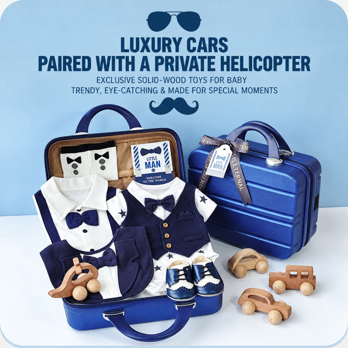 Little Man Baby Boy Gift Set – Summer Gentleman Outfits, Wooden Toys & Blue Carry Case