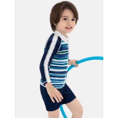 Baby Kids Boy Stripes Long Sleeve Top w Zipper n Shorts Swimming Suit Set 908414 - Little Kooma