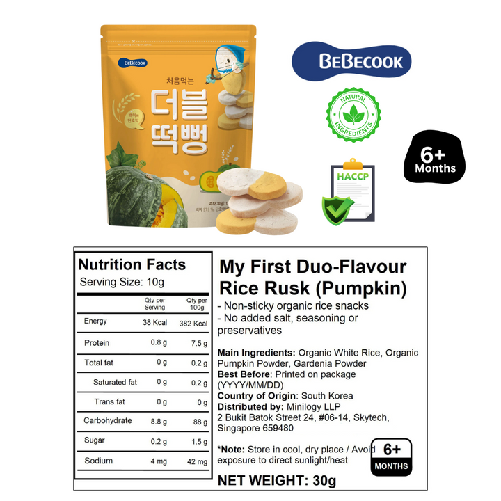 Baby Rice Rusk Snacks 30g Pack For 6 months Baby With Pumpkin Spinach and Sweet Potat -  My First Duo-Flavour Rice Rusk By BebeCook
