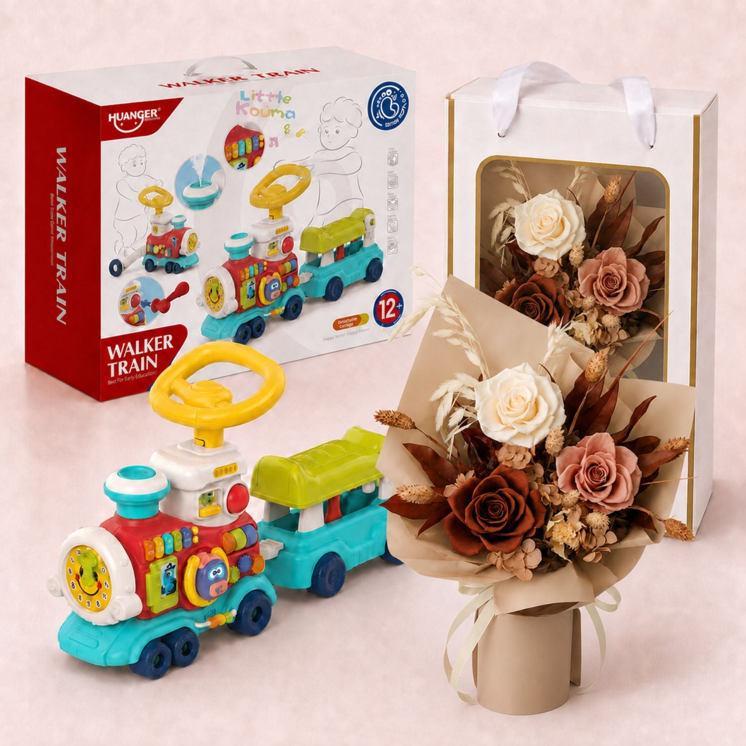 Baby Newborn Unisex Gift 5-in-1 Baby Walker Ride-On Train Toy & Preserved Flowers Hand Bouquet For Mum