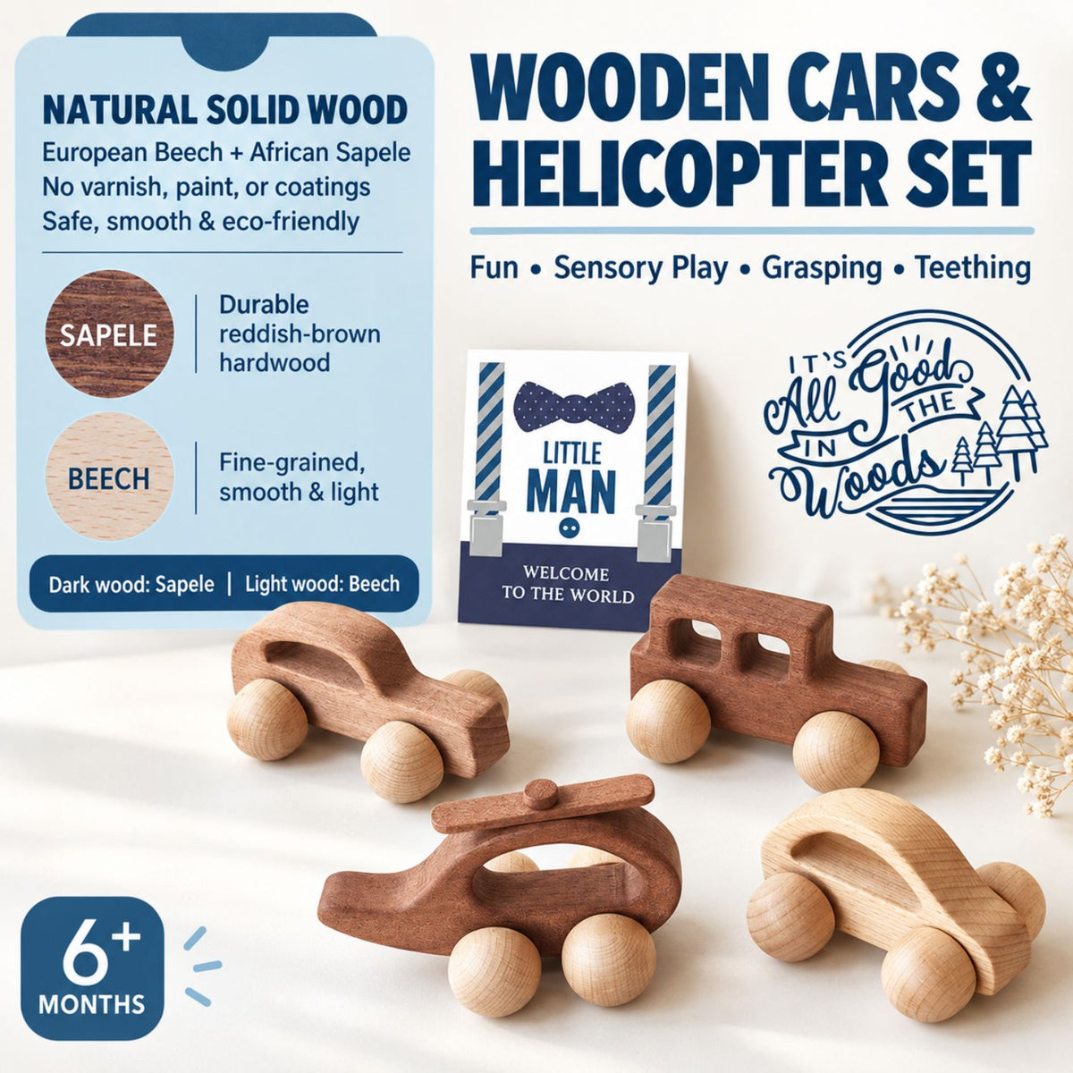 Little Man Baby Boy Gift Set – Summer Gentleman Outfits, Wooden Toys & Blue Carry Case