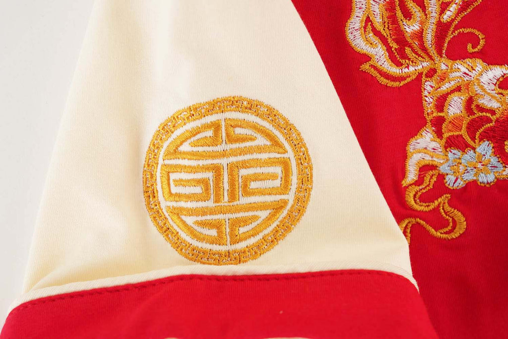 Singapore Souvenir Gift Wealth and Harmony Red Family Set with Golden Fish Embroidery Baby Kids Boys Cheongsam Set Top n Shorts CNY Chinese New Year Outfit 0835 - Little Kooma