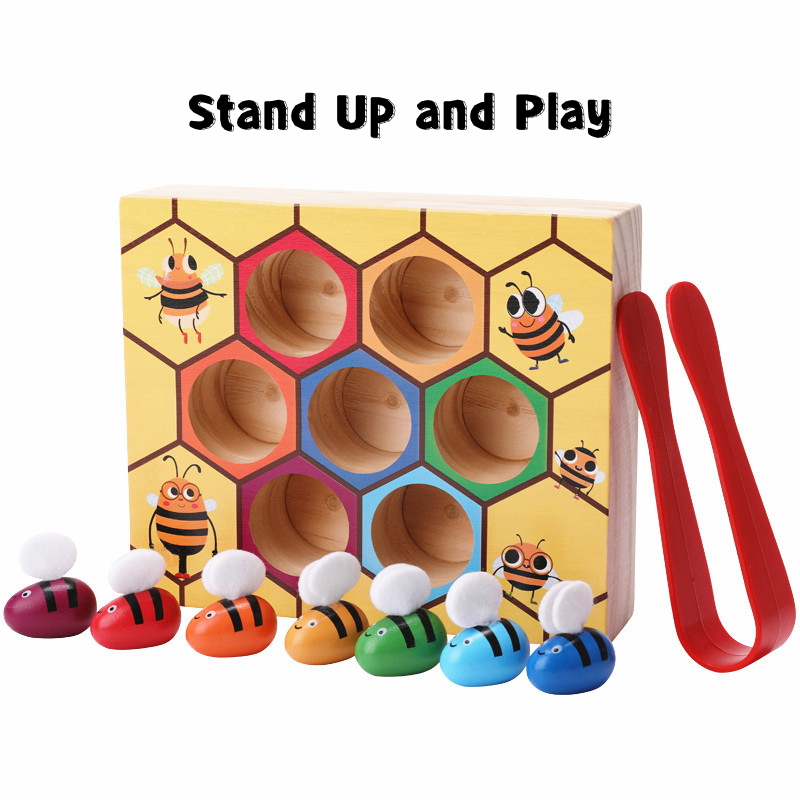Montessori Early Education Wooden Bug Catching Game Preschool Educational Role-Playing Toy for Color Recognition and Bee Clipping 3 Years + - Little Kooma