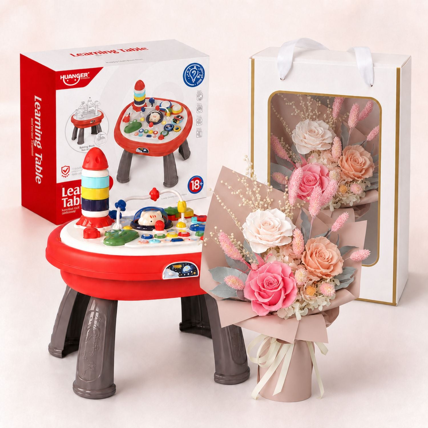 Baby Newborn Unisex Gift 4-In-1 Multi-Functional Baby Activity Center & Preserved Flowers Hand Bouquet For Mum