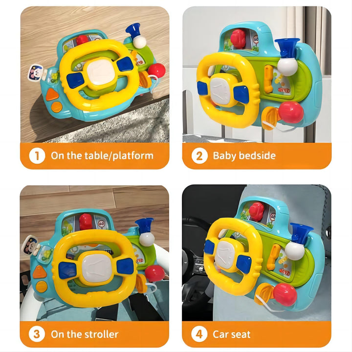 Portable Baby Steering Wheel Toy with Velcro Straps – Pretend Play with Lights, Sounds, and Flip Activities for Tables, Strollers, and Car Seats 18 Months +