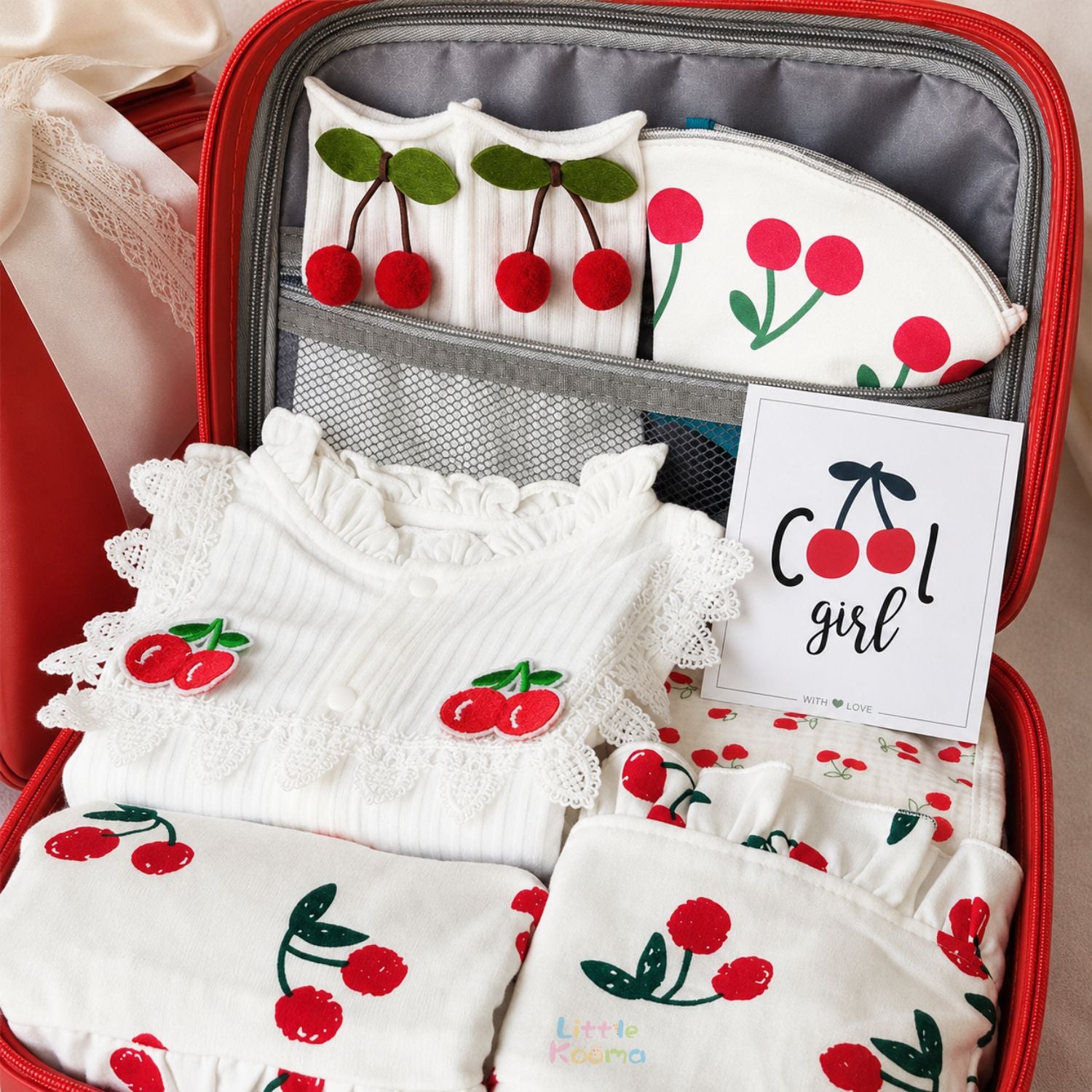 Little Cherry Baby Girl Gift Set with Romper, Bib, Headband, Socks & PC Keepsake Suitcase