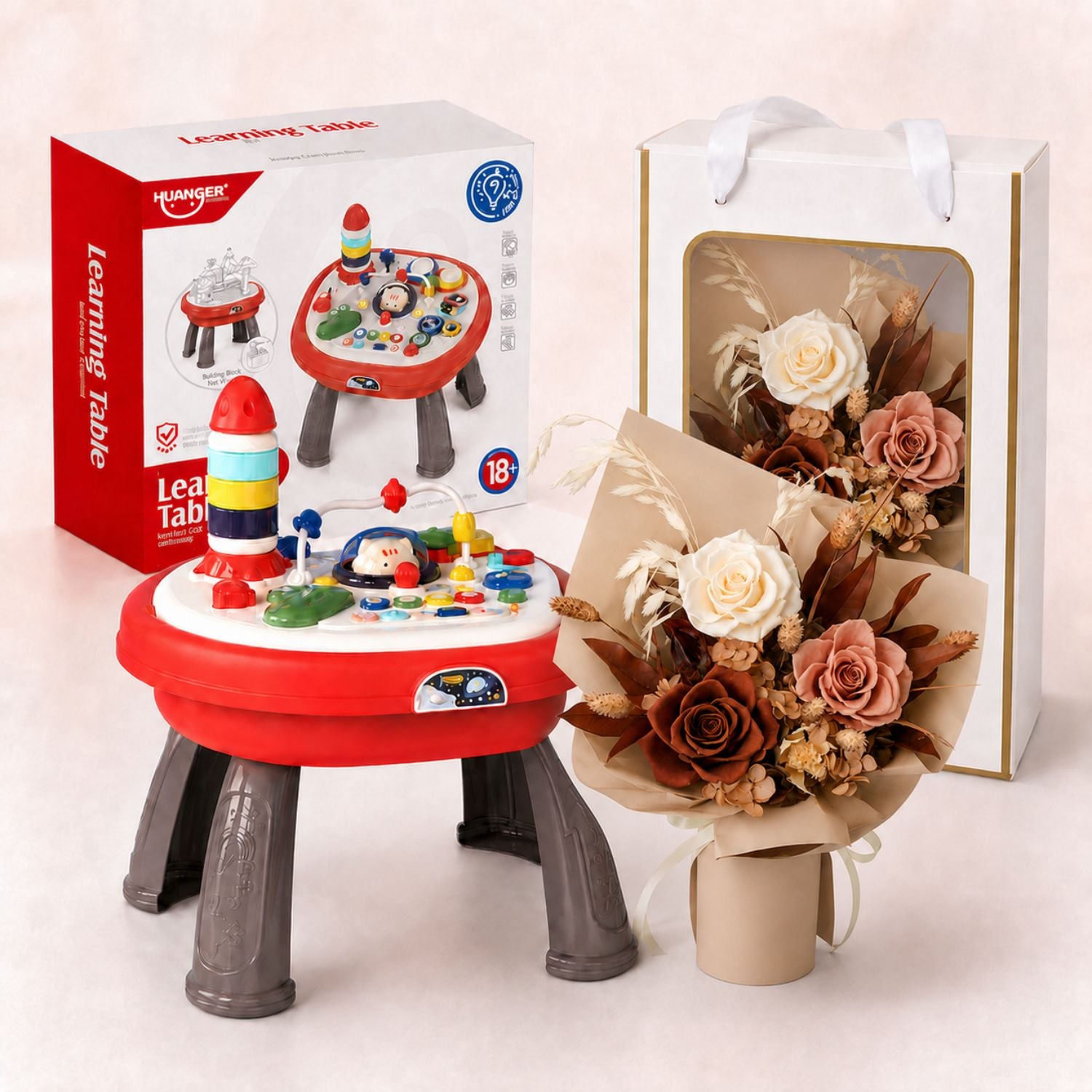 Baby Newborn Unisex Gift 4-In-1 Multi-Functional Baby Activity Center & Preserved Flowers Hand Bouquet For Mum