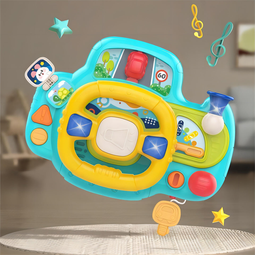 Portable Baby Steering Wheel Toy with Velcro Straps – Pretend Play with Lights, Sounds, and Flip Activities for Tables, Strollers, and Car Seats 18 Months +