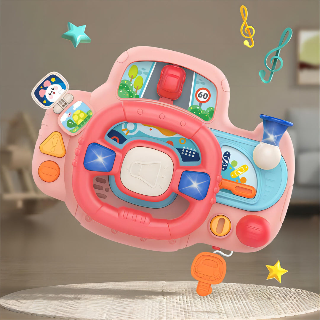Portable Baby Steering Wheel Toy with Velcro Straps – Pretend Play with Lights, Sounds, and Flip Activities for Tables, Strollers, and Car Seats 18 Months +